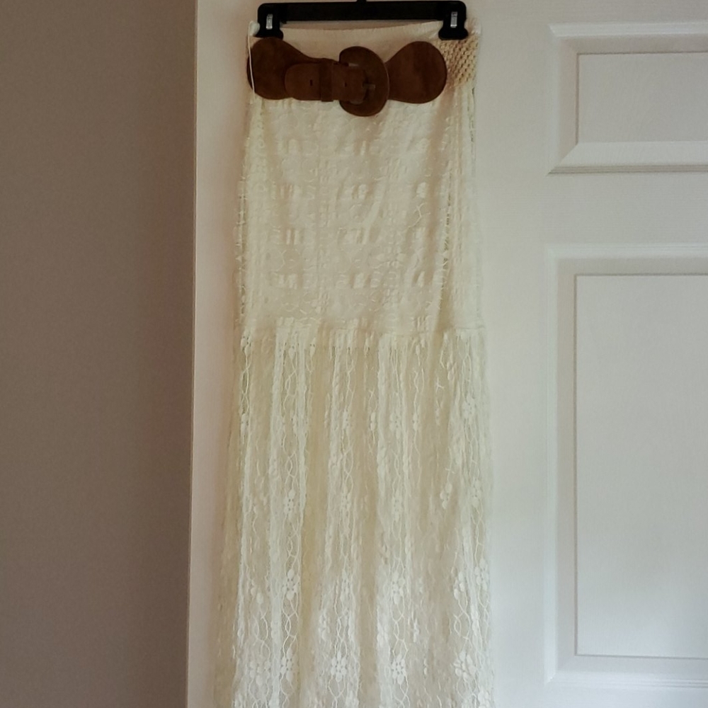 White Lace Maxi Skirt and Brown Belt